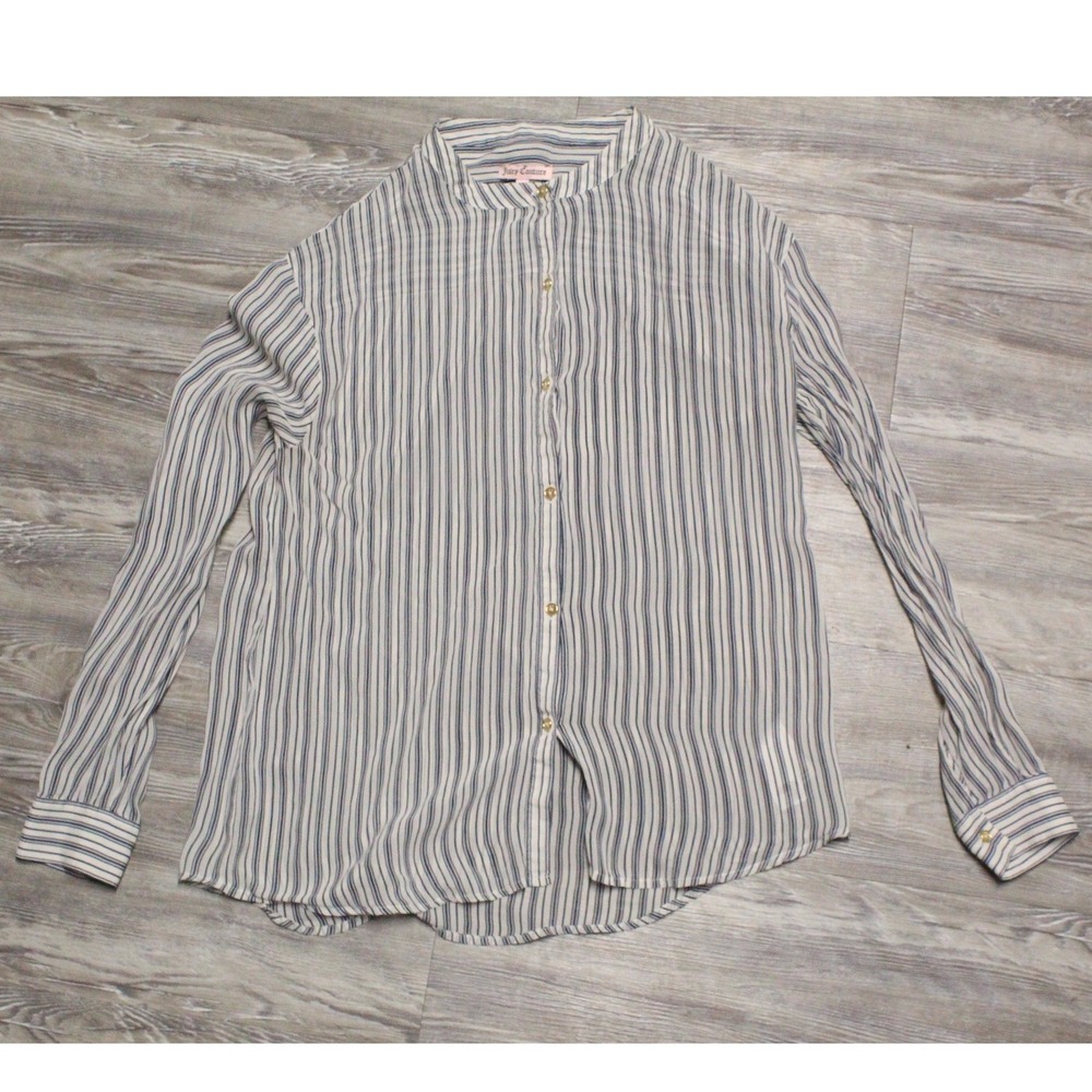 Juicy Couture Women's Blouse 100% Silk Sz S Black White Striped Button Down
